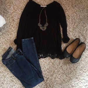 long sleeve decorate trimmed shirt.